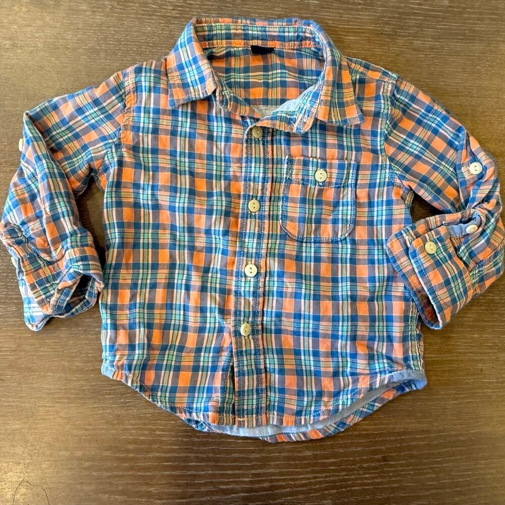 Baby GAP Orange Blue Plaid Button Down Shirt Fall Toddler size 18-24 months
